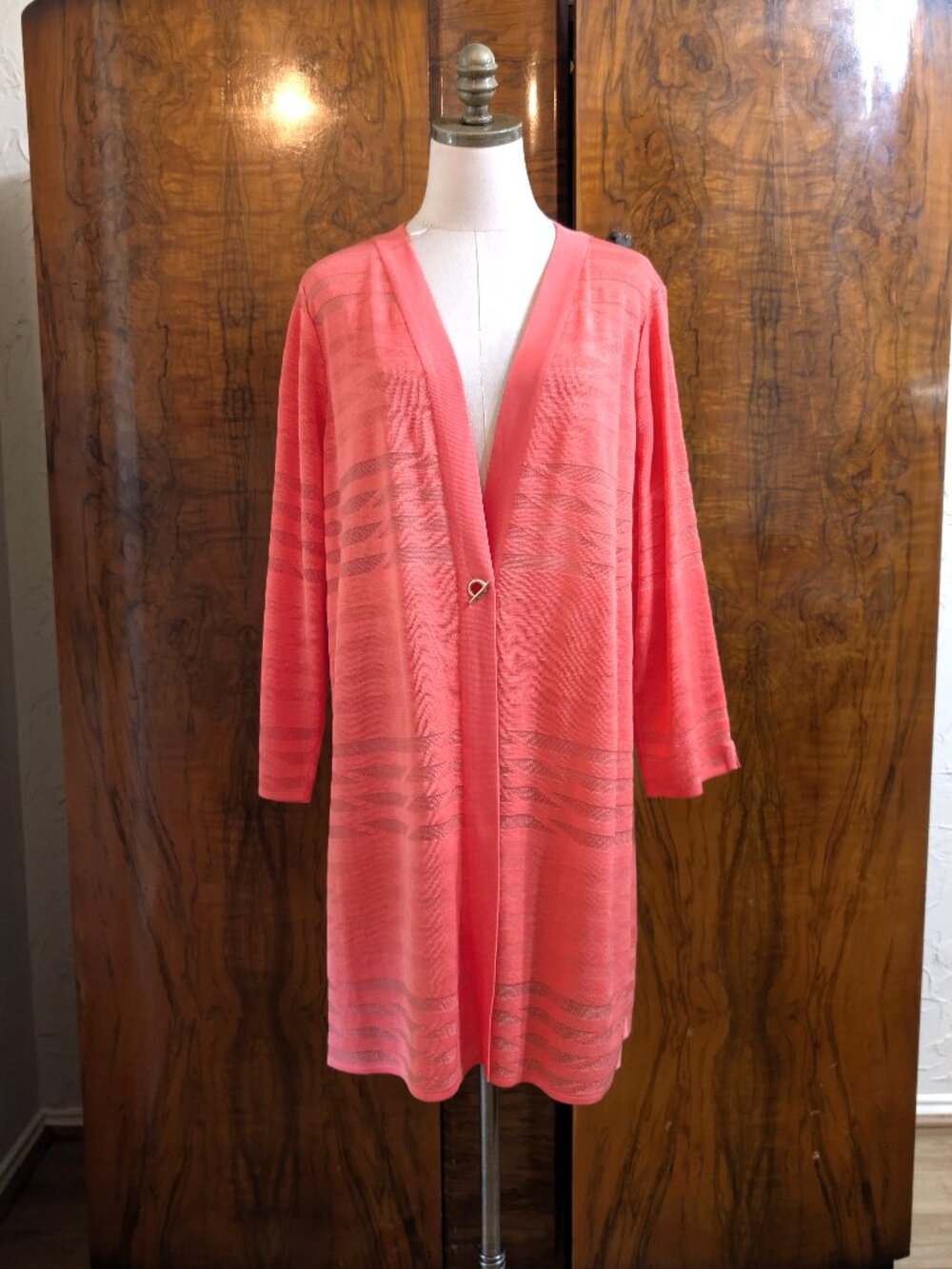 Misook Coral Sheer Long Cardigan Duster Size XL Light Tonal Stripe Quiet Luxury